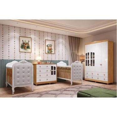 Imagem de Quarto de Bebê Gêmeos 2 Berços Capitonê Guarda-Roupa e Cômoda Maya Clá