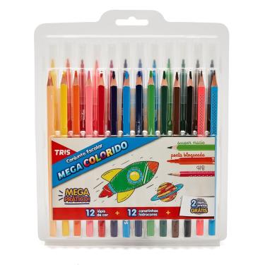 Imagem de Conjunto escolar tris mega colorido 26 peças - 12 hidrocor, 12 lápis de cor E 2 lápis hb