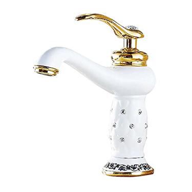 Imagem de Lavatório de latão Torneiras de latão maciço Torneiras misturadoras de água de alça única Torneira de banheiro com guindaste de banho Acabamento em bronze antigo, D, branco, tamanho único