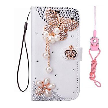Imagem de HFICY Capa de telefone feminina com 2 peças de protetor de tela de vidro e 2 cordões brilhantes diamantes cristais carteira de couro capa feminina (pingente de borboleta, para iPhone 7 Plus/8 Plus)