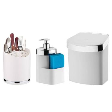 Imagem de Kit Lixeira 2,5L Dispenser Porta Detergente Esponja Escorredor Talheres De Pia Branco Cromado - Future