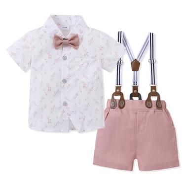 Imagem de SOLOYEE Conjunto de roupas infantis para meninos de 1 a 5 anos, vestido de casamento, camisa de manga curta, gravata borboleta + suspensório, Rosa O, 12-18 Meses