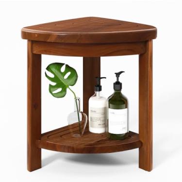 Imagem de JOLLYMER Banco de chuveiro de teca sólida com prateleira para barbear as pernas, pequeno banco de canto para descanso dos pés, assento de banho de madeira resistente perto da banheira, fácil montagem