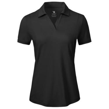 Imagem de BGOWATU Camisa polo feminina de golfe de manga curta com gola V, gola V, proteção UV, ajuste seco, Preto, G