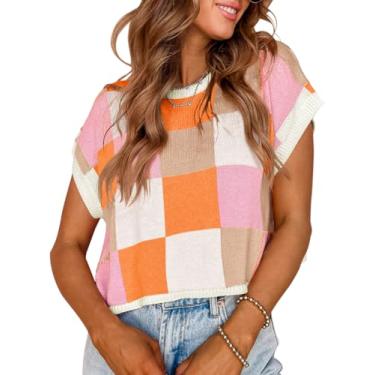 Imagem de Saodimallsu Blusa feminina cropped manga cavada verão color block sair gola redonda suéter casual moderno, Laranja, G