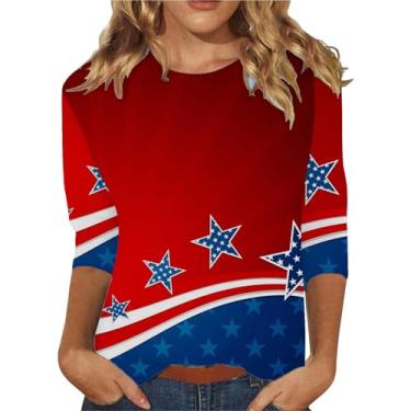 Imagem de Camisetas femininas 4th of July 4th of July Shirts Star Stripes 3/4 Sleeve Patriotic Tops Going Out Tops 2024, Branco-A, G