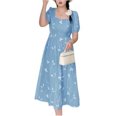 Imagem de Monikawa Vestido Longo Feminino De Chiffon Elegante De Renda Maxi Tamanho Grande Bordado Manga Bufante Tule Vestidos Fluidos Em Camadas,Blue,XXL