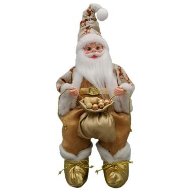 Imagem de Papai Noel Musical Sentado Linho Marrom Decoração Natal 40Cm