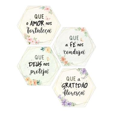 Imagem de Kit 4 Placas Decorativas Delicadas Hexágonos 25x22 Amor, Fé, Deus e Gratidão
