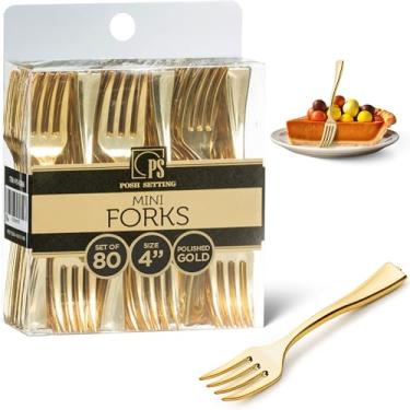 Imagem de Posh Setting - Mini garfos de plástico, mini garfos de ouro, mini garfos de sobremesa de plástico dourado, garfos dourados descartáveis, garfos de plástico dourado de 10 cm, garfos de provador, garfos