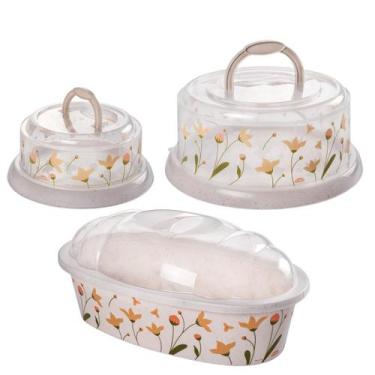 Imagem de Kit Boleira Queijeira Porta Pão C/ Tampa Cozinha 3 Pçs - PLASÚTIL