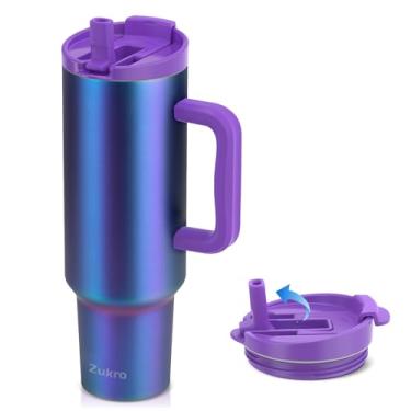 Imagem de Zukro Copo de 1,5 l com alça e canudo dobrável, tampa à prova de vazamento, garrafa de água de aço inoxidável de parede dupla para casa, Oiffce, trabalho, copo grande de viagem isolado a vácuo cabe no