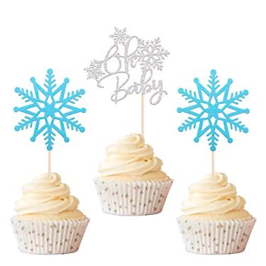 Imagem de Rsstarxi 24 Pack Snowflake Oh Baby Cupcake Toppers Silver and Blue Glitter Baby Shower Cupcake Picks for Winter Frozen Theme Baby Shower Kids Birthday Christmas Party Cake Decorations Supplies