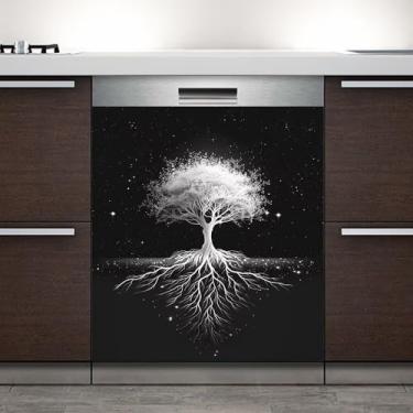 Imagem de Papel de parede de fundo preto com árvore prateada para lava-louças, adesivo de capa de geladeira, painel para porta da frente, cozinha, geladeira, decorativo, 58 x 66 cm