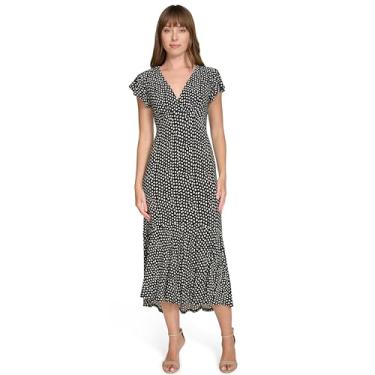Imagem de Tommy Hilfiger Vestido midi de jérsei estampado com cintura império e gola V, Creme preto, 36