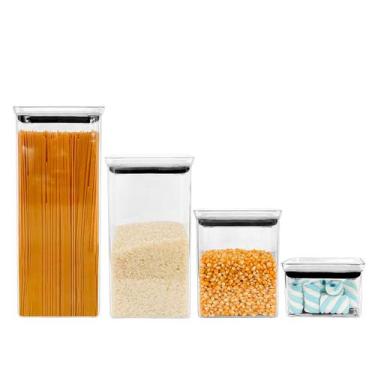Imagem de Kit 4 Potes Herméticos Acrílico Empilháveis Quadrado Resistente Cozinh