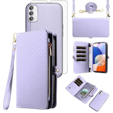 Imagem de Asuwish Capa de celular para Samsung Galaxy A14/M14 5G carteira com zíper destacável com protetor de tela de vidro temperado alça transversal alça flip porta-cartão A 14 4G 14A 14M G5 feminina roxa