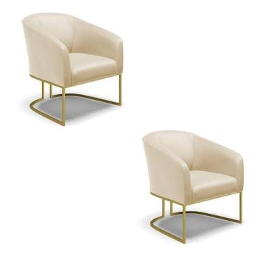 Imagem de Kit 02 Poltronas material sintético Bege Base Industrial Dourada - DRO