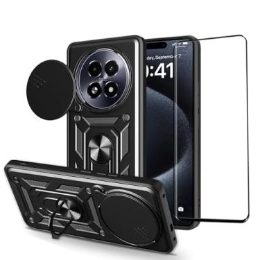 Imagem de CNPUTAO Capa para Huawei Honor Magic 7 Pro com protetor de tela de vidro temperado, janela deslizante para câmera, suporte, capa de telefone de camada dupla antiarranhões à prova de choque, preta