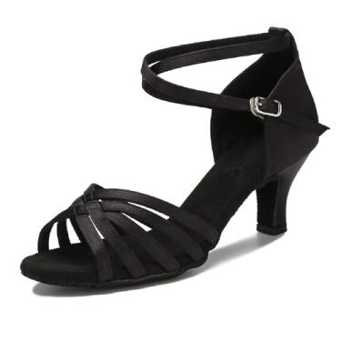 Imagem de Yokala Sapatos de dança de salão latina salsa sapatos femininos salto baixo prática dança sandália para iniciantes em dança social S04, Salto preto de 6,3 cm, 9