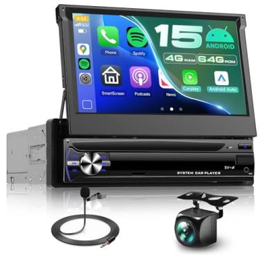 Imagem de [4G + 64G] Estéreo de carro com abertura única com carplay sem fio e Android Auto, rádio Android 15, tela sensível ao toque de 7 polegadas com navegação GPS, Bluetooth, Wi-Fi, rádio FM/RDS, câmera