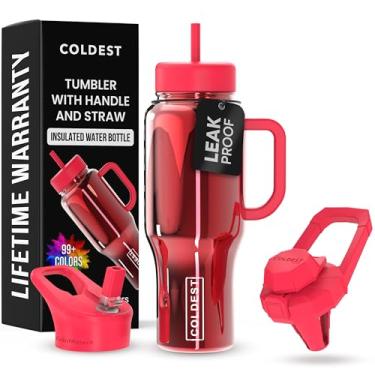 Imagem de Copo Coldest com alça e canudo - Copo 100% à prova de derramamento com canudo (3 tampas), copos isolados de aço inoxidável à prova de vazamento para mulheres e homens - 1,020 g (Raspberry Reflections)