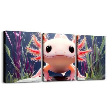 Imagem de Feelyou Linda arte de parede em tela Axolotl para sala de estar quarto 30,5 x 40,6 cm 3 peças de desenho animado infantil imagem animal decoração de parede para decoração de casa banheiro natureza