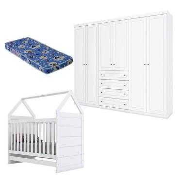 Imagem de Berço Montessoriano E Guarda Roupa Infantil Mississipi 6 Portas Branco Hp Com Colchão Ortobom - Henn