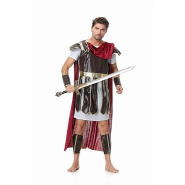 Imagem de GRAJTCIN Conjunto de fantasia masculina de gladiador romano para fantasia espartana Halloween Viking Medieval Guerreiro Histórico Festa Vermelho M