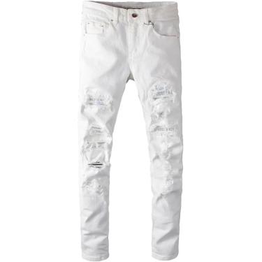 Imagem de Calças Jeans Denim Buracos De Cristal Dos Homens Jeans Rasgados Moda Slim Skinny Strass Stretch Denim Calças, White, 38