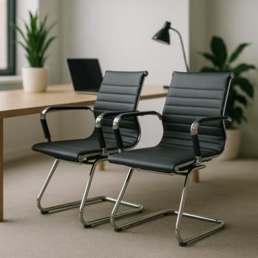 Imagem de Kit 02 Cadeiras De Escritório Simples Stripes Esteirinha Com Base Fixa Charles Eames Eiffel Pretas