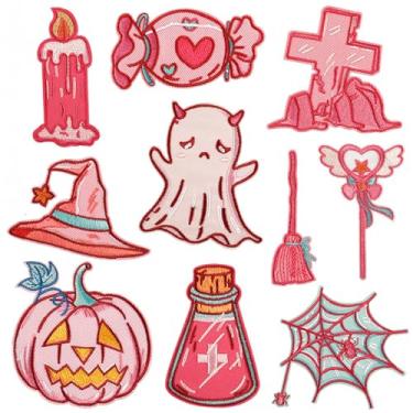 Imagem de Conjunto de apliques bordados assustadores rosa para o Dia das Bruxas, chapéu de bruxa, abóbora, fantasma, aplique para roupas faça você mesmo, jeans, bolsas, jaquetas, bonés decoração (estilo 1 (10