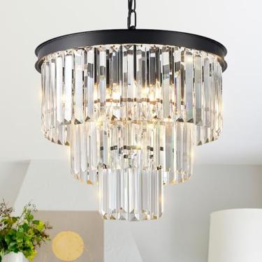 Imagem de CATINER Lustre De Cristal Moderno De 16" Pequeno, Preto, Luminária Pendente De Luxo, 3 Níveis, Cristal K9, Luminária Redonda De Teto, 6 Luzes Para Sala De Jantar, Entrada, Cozinha, Quarto, Armário
