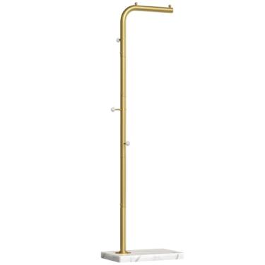 Imagem de YATINEY Cabide Glod em forma de L, árvore de metal, cabideiro moderno com 3 ganchos e base espessa, suporte para cabide de chão, para entrada, sala de estar, vestiário, dourado e branco YM01DWY1