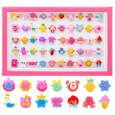 Imagem de 50 anéis de joias para meninas, 3 4 5 6 anos de idade presentes de aniversário para festa - anel ajustável e sem duplicação para crianças brincarem em caixa para brincar de fingir e fantasiar