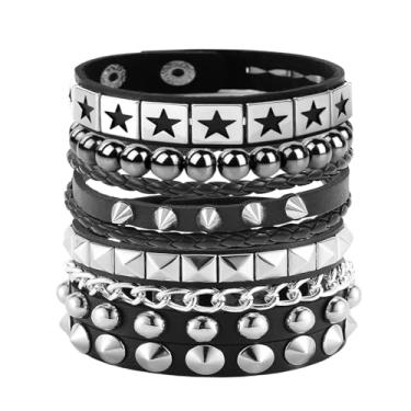 Imagem de Tosmifairy 4 peças/conjunto de pulseiras modernas de couro hip hop de rua cravejadas, várias pulseiras, pulseiras de emoção, acessórios para concertos de punk rock dos anos 80, One Size, Couro