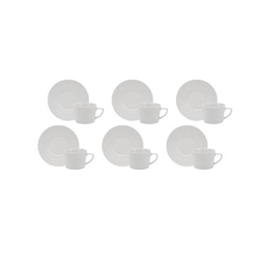 Imagem de Estojo com 6 xícaras de chá com pires. Modelo redondo com relevo aspen. Branca. Fabricado pela porcelana schmidt.