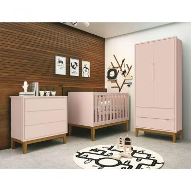 Imagem de Jogo De Quarto Para Bebê Completo 2 Portas Classic New Rosa Fosco Com Madeira - Moveisaqui