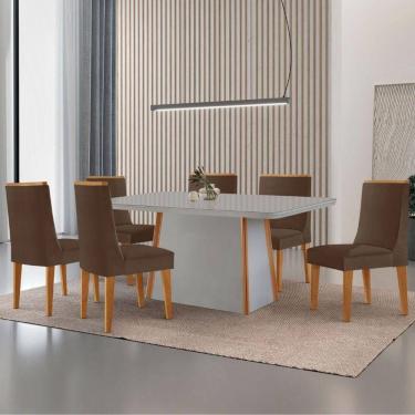 Imagem de Mesa De Jantar Diane 180cm Tampo Mdf Vidro 6 Cadeiras Lisboa Moderna Veludo Marrom Off White Serigrafia