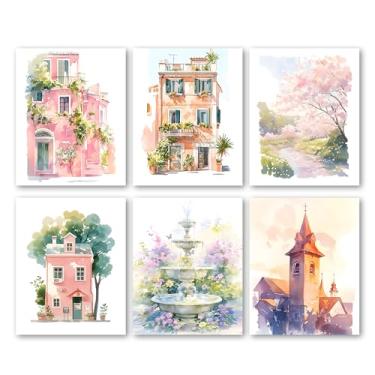 Imagem de Bgohrd Conjunto de pôsteres rosa, rosa Charleston Carolina do Sul, impressões de arte de parede para decoração de sala de estar, pôster de pintura de rua de igreja em aquarela para quarto de