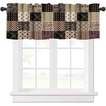 Imagem de Cortinas vintage para café, moderno, abstrato, café, feijão, marrom, patchwork, rústico, vintage, estampa artística de casa de fazenda, cortina com bolso para varão, saia para cozinha, quarto, sala de