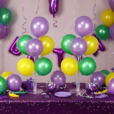 Imagem de PullCrease Conjunto de 4 peças centrais de balão de carnaval para mesa kit de suporte de balão roxo dourado verde decoração de mesa para carnaval de carnaval de carnaval