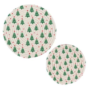 Imagem de Wassud Conjunto de trivet para árvores de Natal com estrelas, suporte de panela redondo para pratos quentes, almofadas quentes de algodão, porta-copos resistentes ao calor para decoração de cozinha