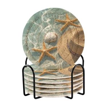 Imagem de CEBUGI Conjunto de 6 porta-copos de chapéu de palha com suporte para proteção de mesa, decoração de casa