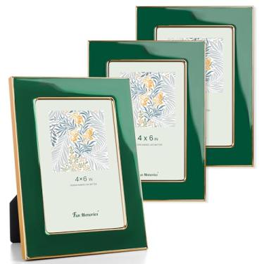 Imagem de Fun Memories Porta-retrato 10 x 15 cm – 3 peças de moldura de vidro esmaltado verde com borda de metal dourado e cavalete para exibição em bancadas, mesas, estantes, mesas e paredes (verde/ouro)