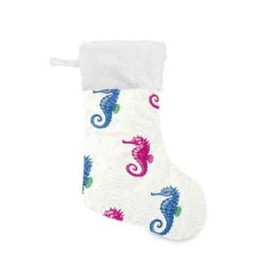 Imagem de Wassud Meia de Natal fofa com punho branco, cavalos-marinhos coloridos, 45,7 cm, grande para decoração de lareira e cornija, 1 pacote