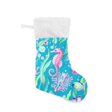 Imagem de xigua Meia de Natal de cavalos-marinhos subaquáticos personalizada grande meia de doces presente para pendurar meias de Natal para decoração de festa de férias em família, decoração de lareira