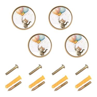 Imagem de Burbuja Gatinho fofo voando com balões maçanetas de armário de cozinha, pacote com 4, gavetas redondas de 3,5 cm, puxadores de cômoda com parafusos para cozinha, quarto, armários, armário