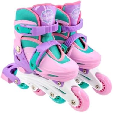 Imagem de Patins rosa claro, ajustaveis, protecao completa, passeios seguros, bonitos, leves, resistentes, infantil,flexiveis.