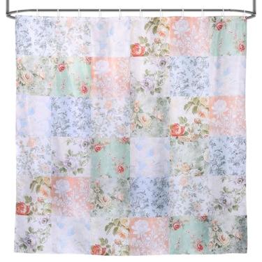Imagem de DJAPWPX Cortina de chuveiro Boho com 12 ganchos de plástico, patchwork com tema floral, estilo floral de meados do século, cortina de banho retrô vintage para decoração de banho boho, tecido